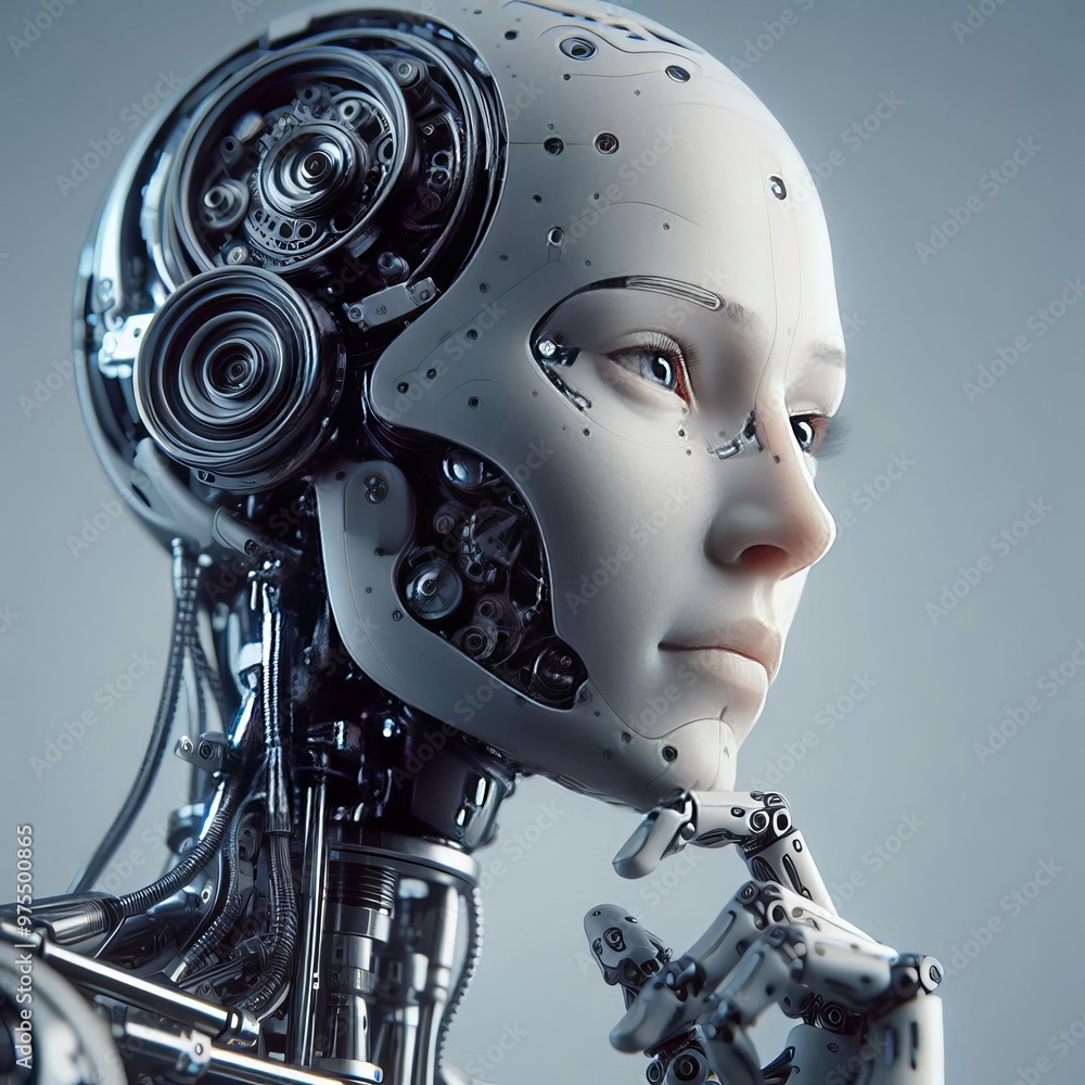 Poster a close-up of a futuristic humanoid robot, intricately designed with mechanical components and a sle