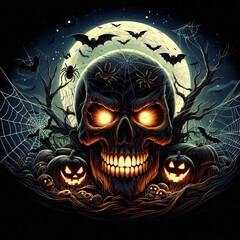 scary halloween skull with full moon, bats, spider webs at night