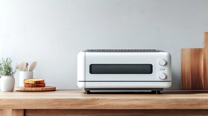 White Toaster Oven on Wooden Table, Minimalist Kitchen with White Cement Wall, Ideal for Breakfast Toast