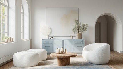 Modern living room with armchair, home interior design with furniture and coffee table
