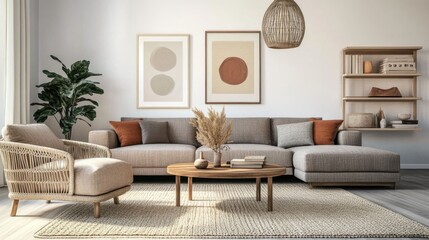 Modern living room with a comfortable sofa, armchair, coffee table, and decorative elements.