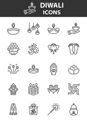 Diwali Hindu celebration elements, line icons