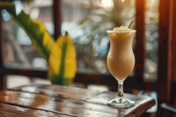 Obraz premium Bourbon Colada with bourbon and coconut, served in a tall glass, cozy cabin background, copy space