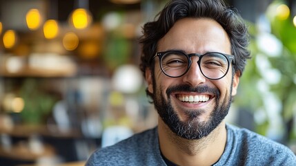 Obraz premium Radiant Smile, Authentic Joy: A close-up portrait of a man with a warm, genuine smile, radiating happiness and positivity. His bright eyes and infectious laughter capture the essence of pure joy. 