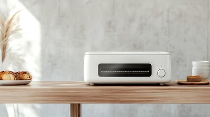 White Toaster Oven on Wooden Table, Minimalist Kitchen with White Cement Wall, Ideal for Breakfast Toast