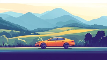 Naklejka premium A modern orange car drives on a road through a scenic mountain valley.