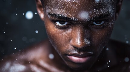 A focused athlete exhibits intense concentration while lifting heavy weights, showcasing sweat and muscle definition, highlighting effort in the moment of exertion