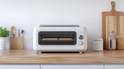 Fototapeta premium White Toaster Oven on Wooden Table, Minimalist Kitchen with White Cement Wall, Ideal for Breakfast Toast