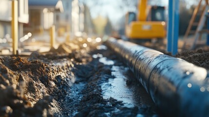 Naklejka premium Home construction scene with plastic sewage pipe installation in progress, offering a clear area for text, perfect for infrastructure ads