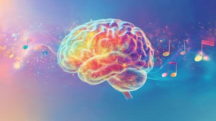 Obraz premium Human brain with vibrant melody wave and music notes, self care and mental health concept, positive thinking, creative mind. with copy space