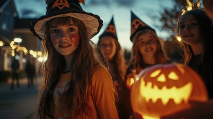  A group of teens in Halloween costume trick or treating during Halloween