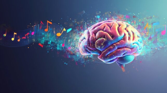 Human brain with vibrant melody wave and music notes, self care and mental health concept, positive thinking, creative mind. with copy space