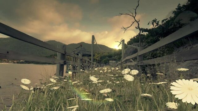 CG Grass Flowers and trees growing onto a live camera tracked Wooden Bridge 