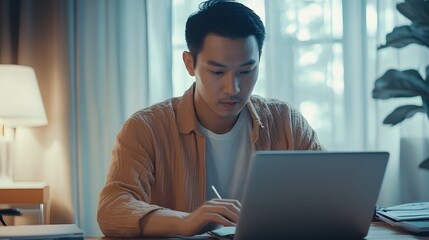 Fototapeta premium Young Man Working on Laptop and Taking Notes at Desk