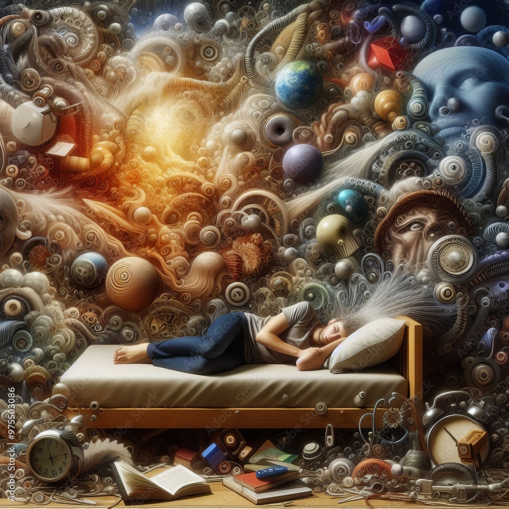 Poster a person is seen sleeping in a bed, surrounded by a whirlwind of books, cosmic elements, and abstrac