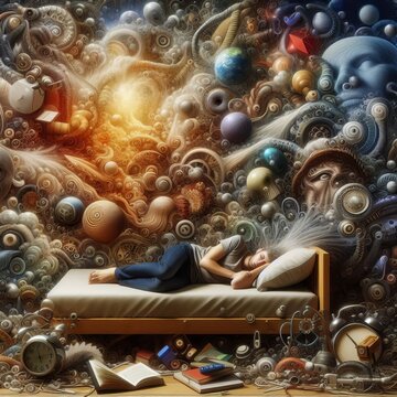 A person is seen sleeping in a bed, surrounded by a whirlwind of books, cosmic elements, and abstract shapes. The image captures the essence of a deep sleep intertwined with surreal and imaginative
