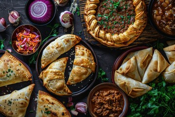 Asian Pies Set with Qutab, Homemade Samosa, Indian Samsa, Traditional Uzbek Burekas