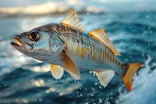 Red drum fish is leaping out of the blue water with its mouth open