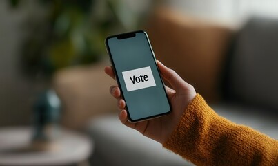 Hand Holding Smartphone With Vote Button On Screen.