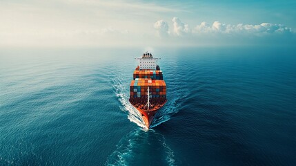 Serene Aerial View of Cargo Ship Sailing Across Vast Open Waters with Copy Space for Text - Maritime Transportation Concept