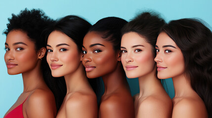Fototapeta premium Faces of women with varied skin tones and facial features create a stunning portrait of diversity.