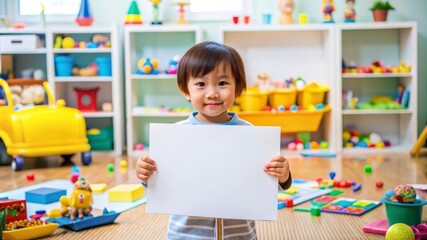 Fototapeta premium Playful Asian Child Holding Blank Poster in Vibrant Playroom. Creative Learning Moment