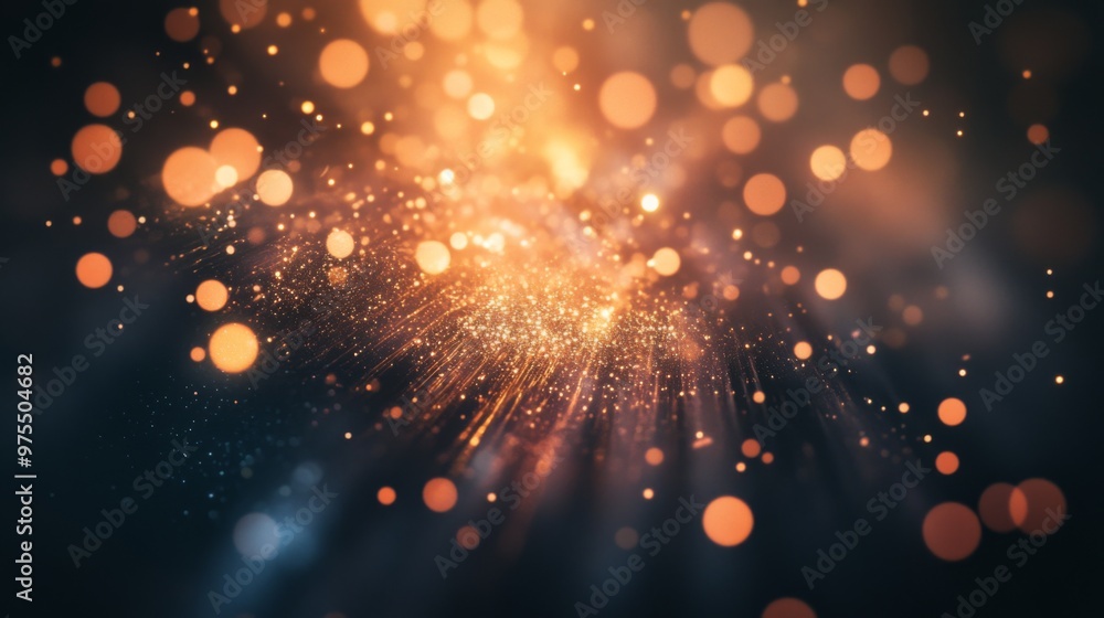 Aufkleber abstract background with bright golden bokeh lights and rays of light shining on a dark background.