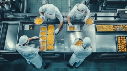 Industrial Food Processing Plant with Workers Meticulously Packaging Products, Ensuring High Hygiene Standards