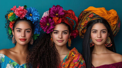 Obraz premium The cultural beauty of women from different ethnicities is highlighted through their unique facial features and traditional attire.