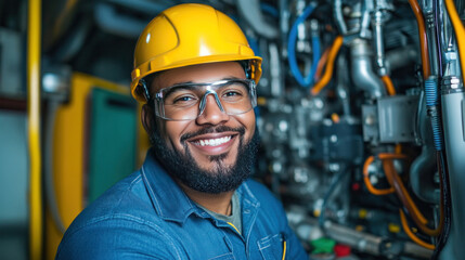 The engineer is captured smiling confidently, with tools and technical equipment surrounding him.