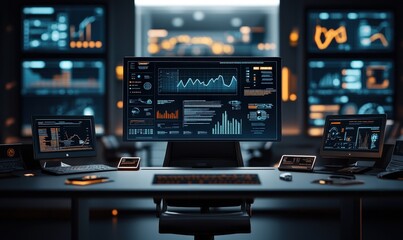Modern Workstation with Data Analysis Screens.