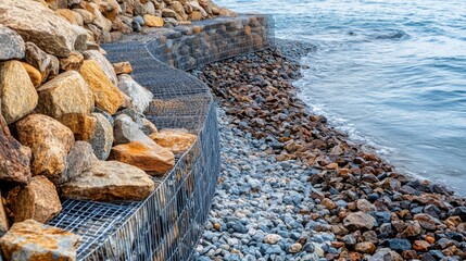 Landslide protection with crushed stone gravel and stone landscape elements in a metal grid for erosion prevention from floodwaters and sea waves Coastline reinforcement