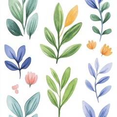 A colorful collection of hand-painted leaves and flowers, perfect for nature-themed designs and artistic projects.