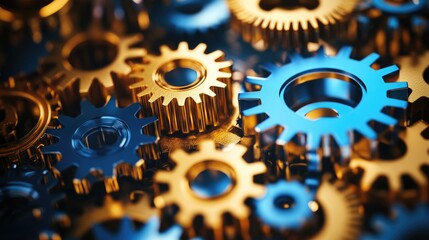 Close-up of gold and blue metal gears interlocking.