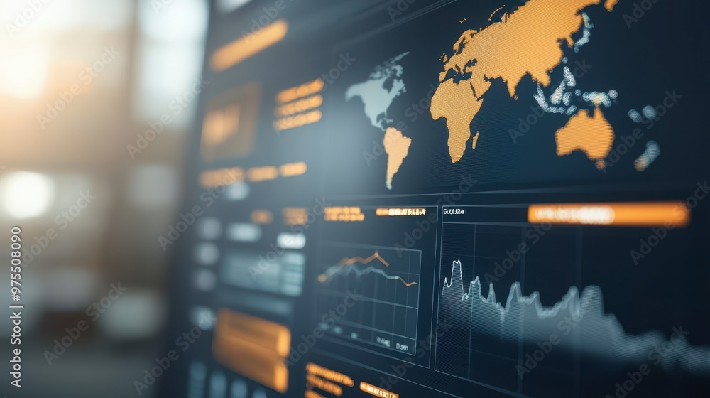 Poster a digital screen displaying global data with maps and charts, featuring orange accents against a dar