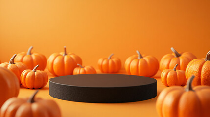 black podium with orange pumpkins for autumn product display