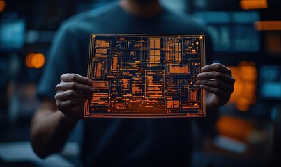 Man Holding Transparent Screen with Digital Data.
