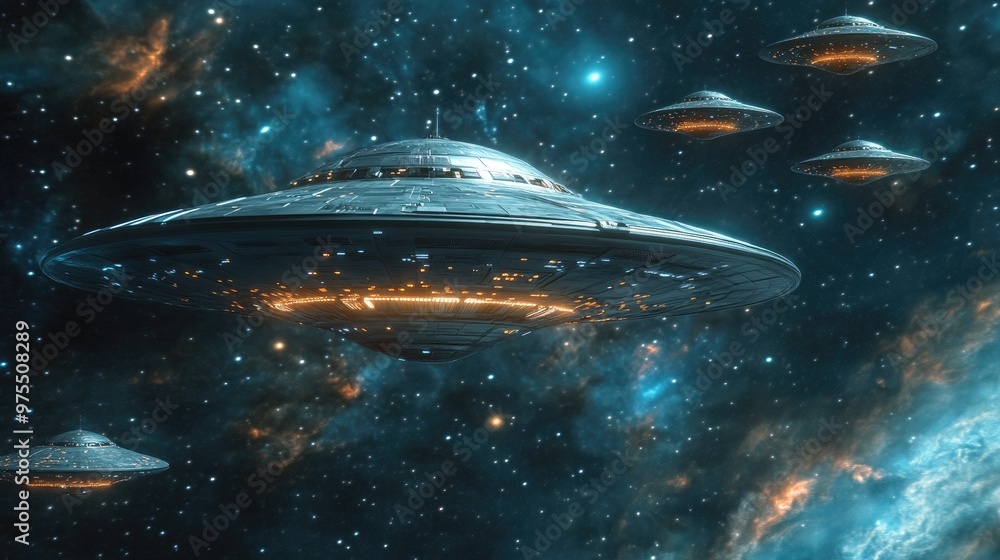 Poster futuristic flying saucers navigating through infinite space rendered in 3d
