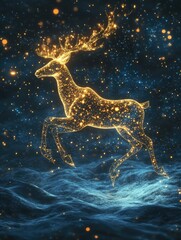 Fantasy 3D depiction of a luminous abstract reindeer soaring through a starry night sky