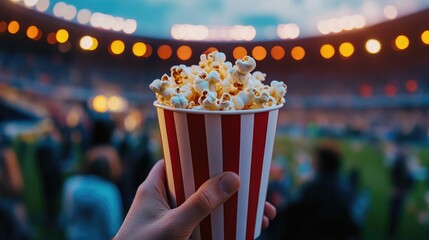 Close-Up of Popcorn Bucket in Hand, Stadium at Dusk with Warm Festive Lights and Lively Atmosphere