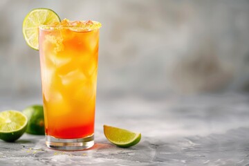 Fototapeta premium Butterscotch Tequila Sunrise with butterscotch and lime, served in a tall glass, sweet treat background, copy space