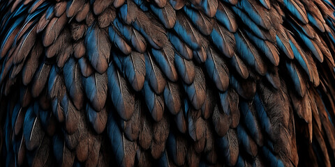 Leuchtende blaue und warme braune Federn, symmetrisch angeordnet, die durch ihre harmonische Kombination aus kühlen und warmen Tönen eine visuell ansprechende und filigrane Textur schaffen