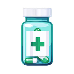 Obraz premium Transparent bottle containing green capsules with a medical cross symbol. Ideal for health and wellness visuals. transparent background