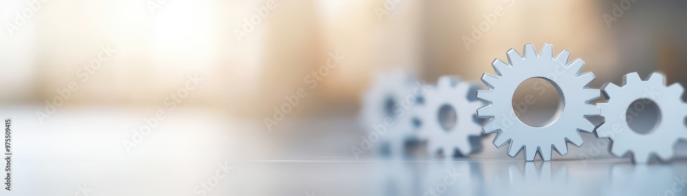 Poster a close-up of white gears arranged on a surface, symbolizing mechanics, engineering, and interconnec