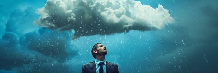 Businessman, standing under rain, pessimistic man under cloud, sad business man, unlucky, misfortune