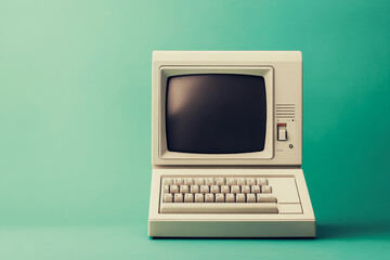 Vintage desktop computer from the 1980s with CRT monitor and keyboard on pastel color background. Minimalistic style