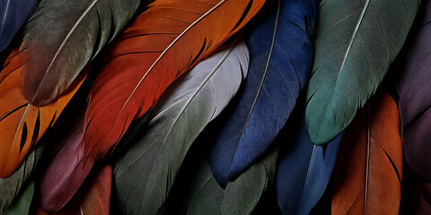 Bunte Federn in einer leuchtenden Palette von Blau, Grün, Rot und Violett, die in sanften Wellen angeordnet sind und ein farbenfrohes und lebendiges Spiel von Texturen und Formen bilden