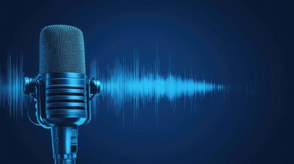 A vintage microphone with a blue sound wave behind it on a blue background.