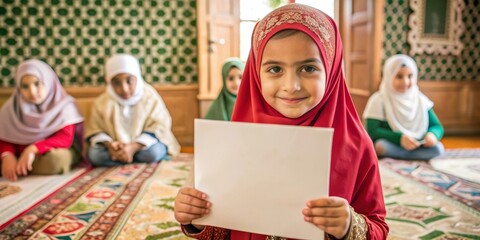 Fototapeta premium Joyful Muslim Girl Holding Blank Poster in Vibrant Classroom