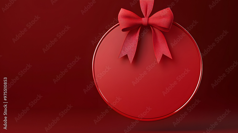 Poster blank red round sign hanging with red ribbon and bow isolated on dark red background minimal christm
